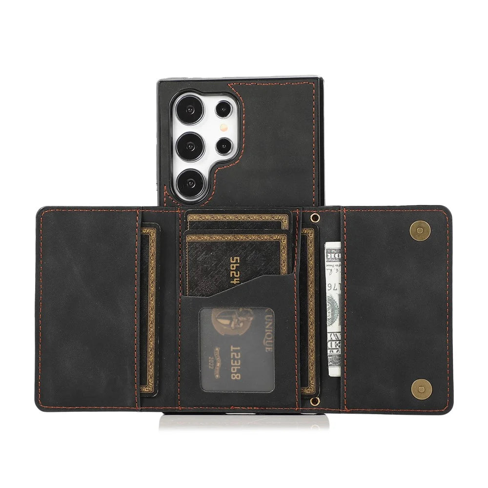 For Samsung Galaxy S26 Ultra Phone Case Tri-Fold Wallet Kickstand PU Leather + TPU Back Cover - Black - 6