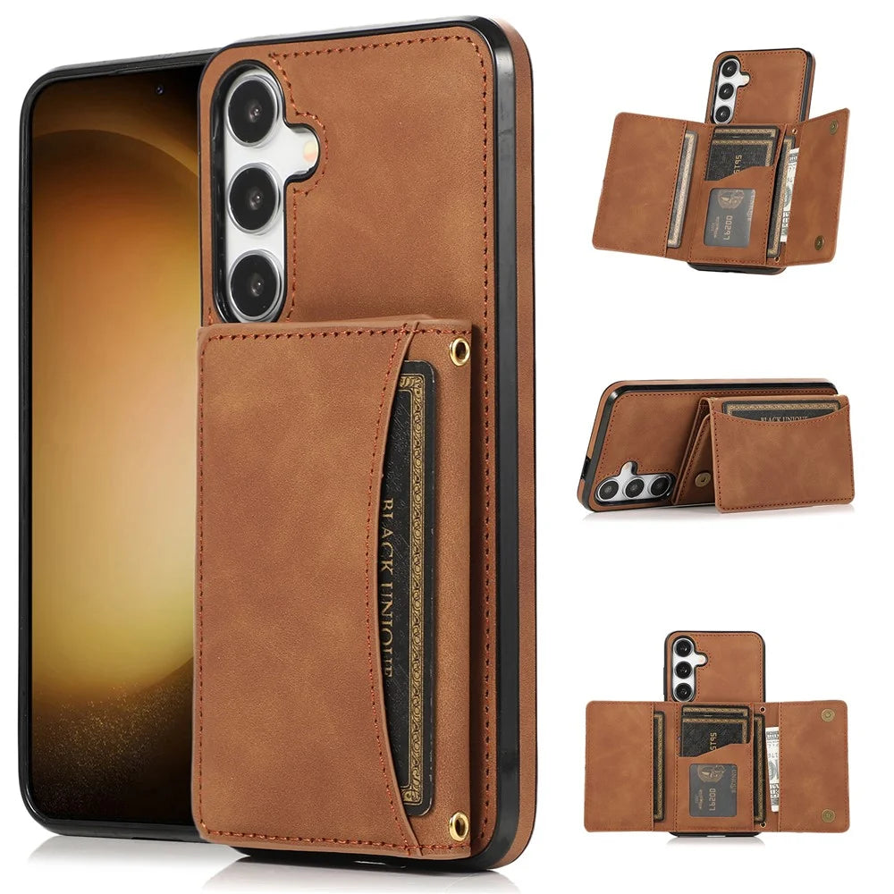 For Samsung Galaxy S26 Phone Case Tri-Fold Wallet Kickstand PU Leather + TPU Back Cover - Brown - 1