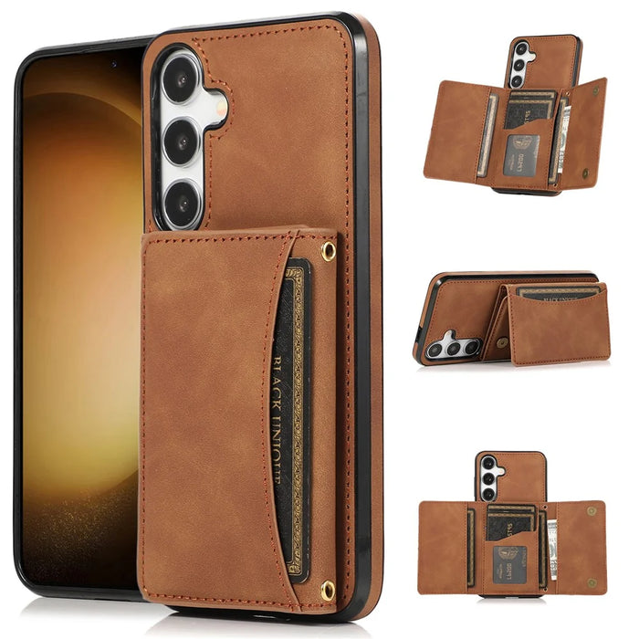 For Samsung Galaxy S26 Phone Case Tri-Fold Wallet Kickstand PU Leather + TPU Back Cover - Brown - 1