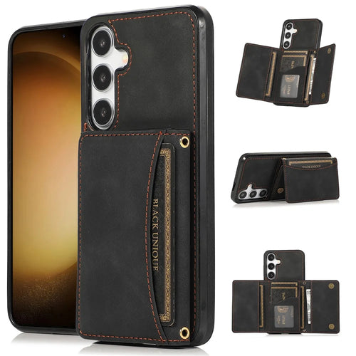For Samsung Galaxy S26+ Phone Case Tri-Fold Wallet Kickstand PU Leather + TPU Back Cover - Black - 1