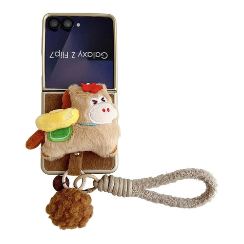 For Samsung Galaxy Z Flip7 5G Case Plush Animal TPU PC Phone Cover with Wrist Strap and Pom-pom Bell - Brown - 1