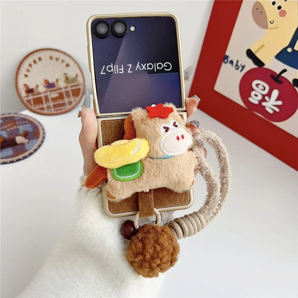 For Samsung Galaxy Z Flip7 5G Case Plush Animal TPU PC Phone Cover with Wrist Strap and Pom-pom Bell - Brown - 2