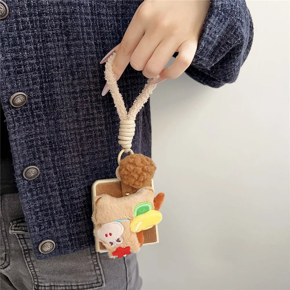 For Samsung Galaxy Z Flip7 5G Case Plush Animal TPU PC Phone Cover with Wrist Strap and Pom-pom Bell - Brown - 3