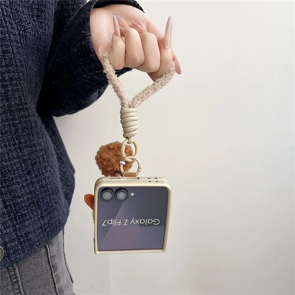 For Samsung Galaxy Z Flip7 5G Case Plush Animal TPU PC Phone Cover with Wrist Strap and Pom-pom Bell - Brown - 4