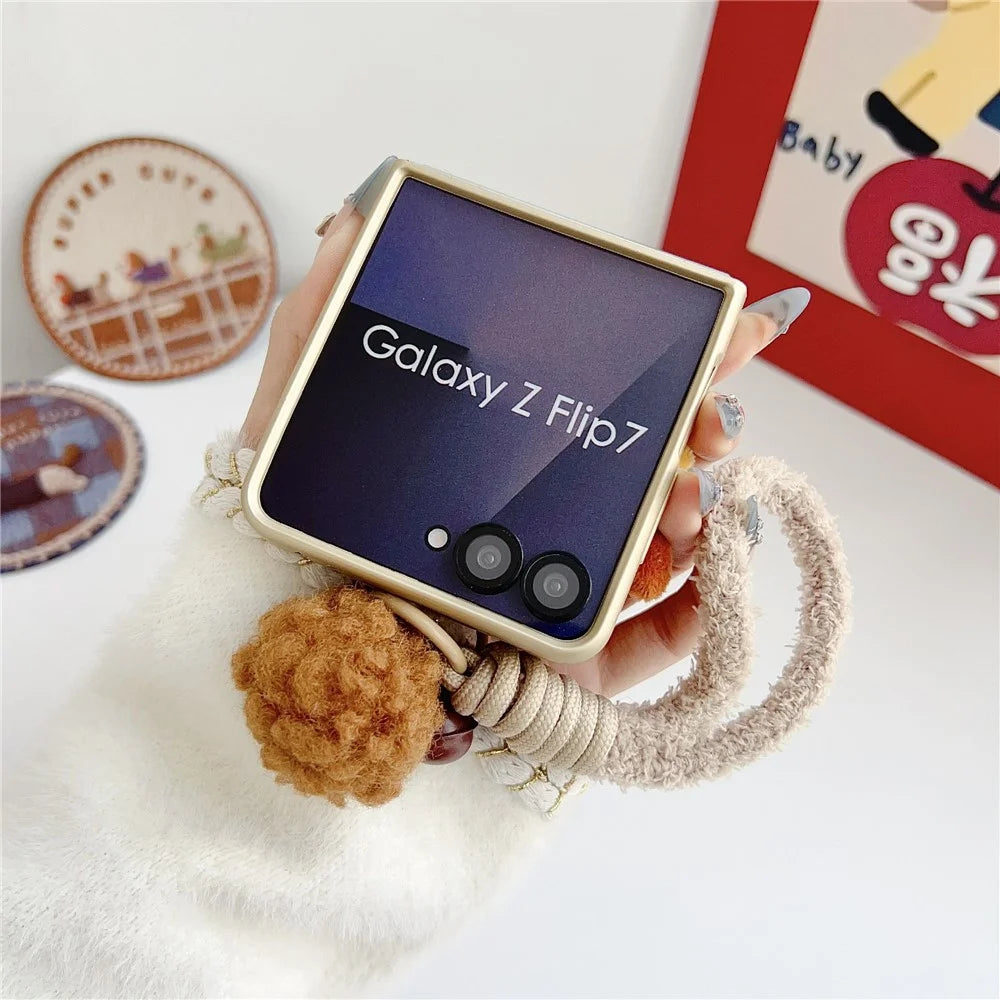 For Samsung Galaxy Z Flip7 5G Case Plush Animal TPU PC Phone Cover with Wrist Strap and Pom-pom Bell - Brown - 5