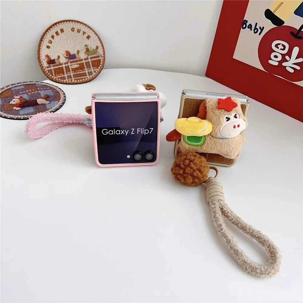 For Samsung Galaxy Z Flip7 5G Case Plush Animal TPU PC Phone Cover with Wrist Strap and Pom-pom Bell - Brown - 6