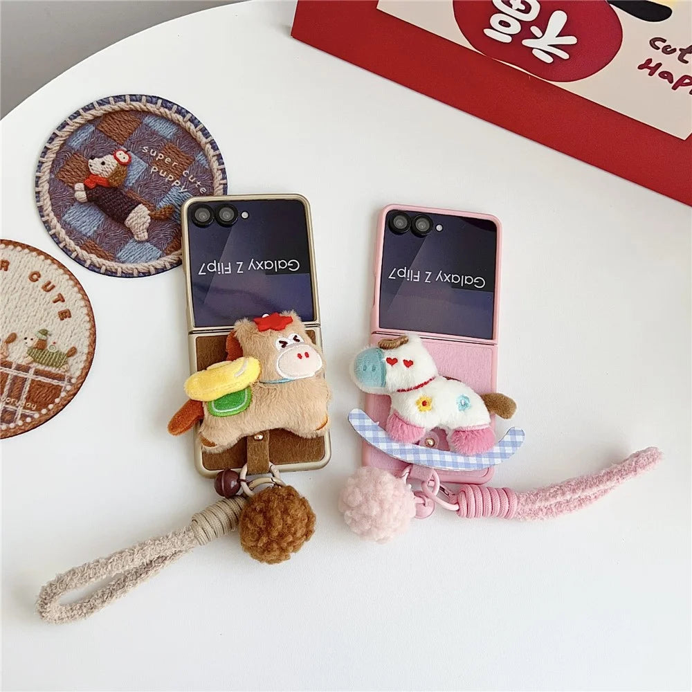 For Samsung Galaxy Z Flip7 5G Case Plush Animal TPU PC Phone Cover with Wrist Strap and Pom-pom Bell - Brown - 7