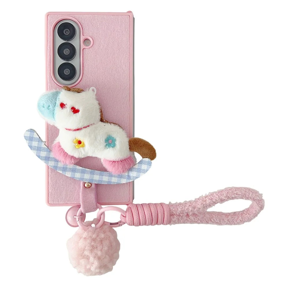 For Samsung Galaxy Z Fold7 5G Case Plush Animal TPU PC Phone Cover with Wrist Strap and Pom-pom Bell - Pink - 1