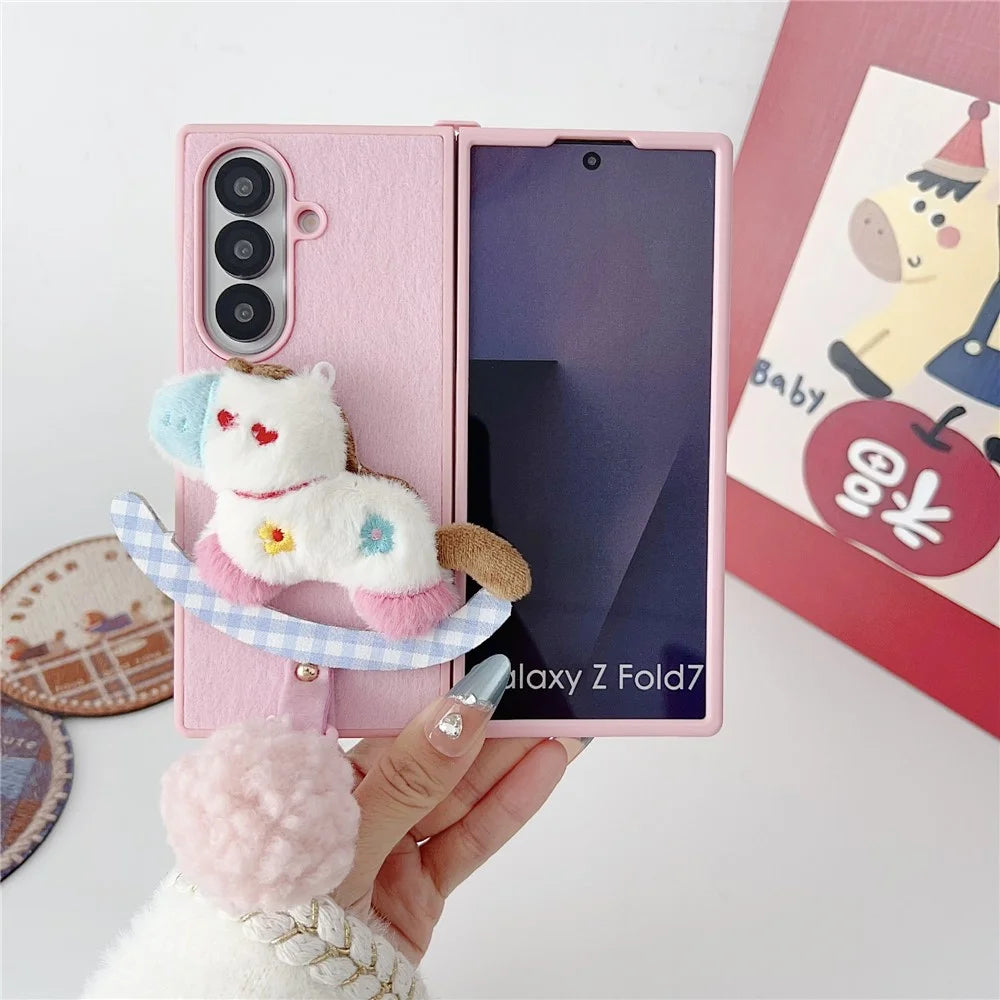 For Samsung Galaxy Z Fold7 5G Case Plush Animal TPU PC Phone Cover with Wrist Strap and Pom-pom Bell - Pink - 3