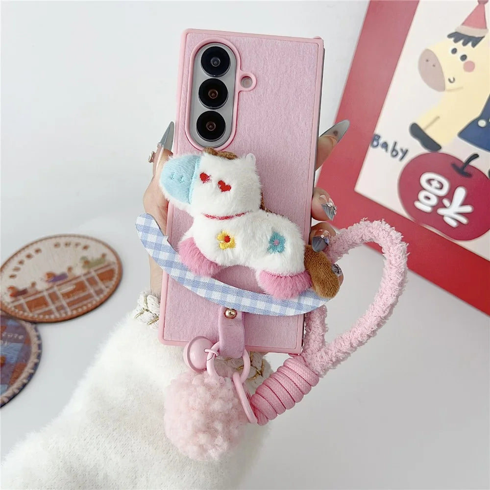 For Samsung Galaxy Z Fold7 5G Case Plush Animal TPU PC Phone Cover with Wrist Strap and Pom-pom Bell - Pink - 4