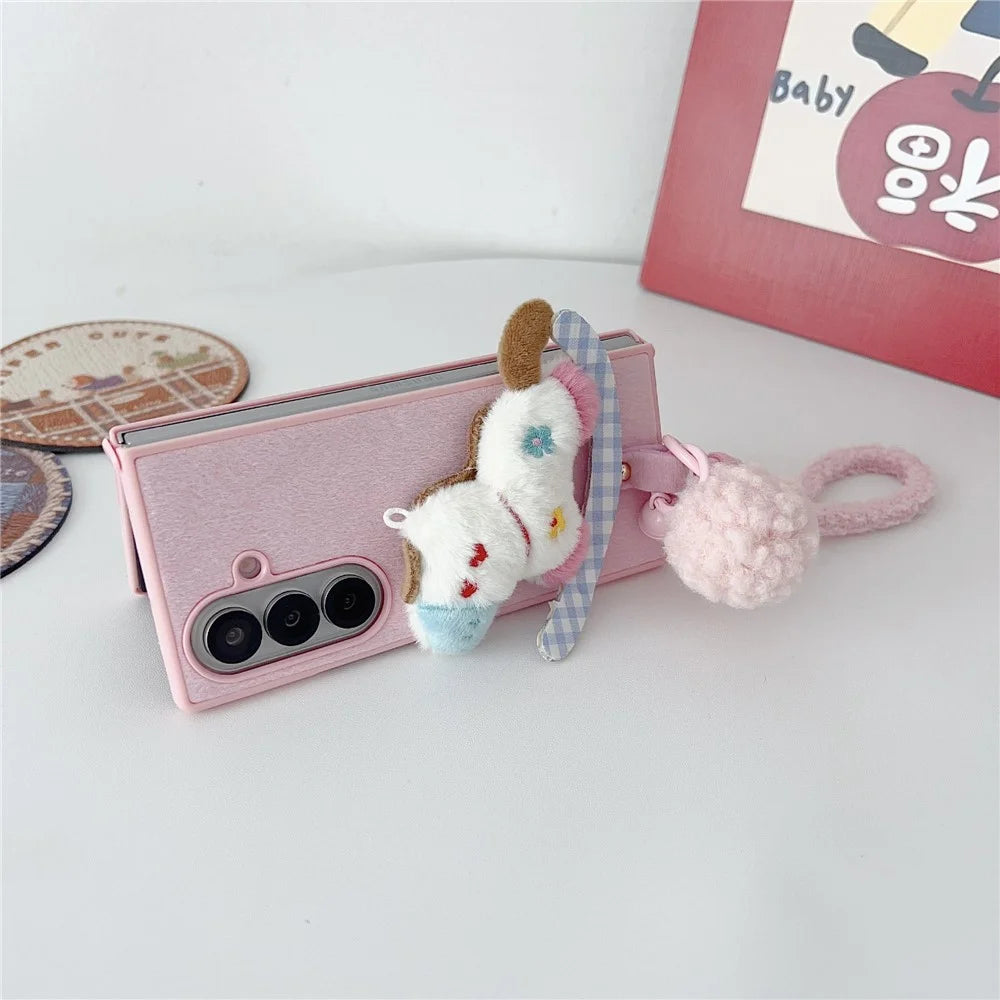 For Samsung Galaxy Z Fold7 5G Case Plush Animal TPU PC Phone Cover with Wrist Strap and Pom-pom Bell - Pink - 5