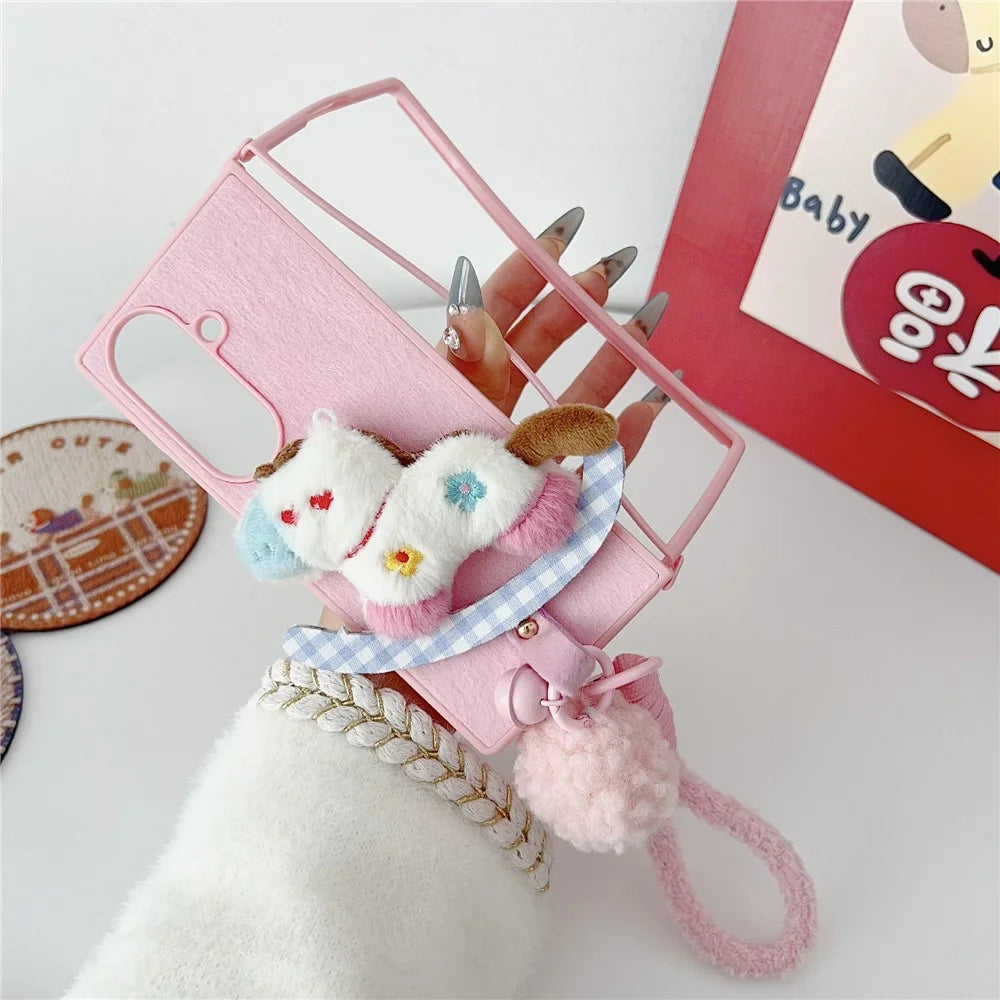 For Samsung Galaxy Z Fold7 5G Case Plush Animal TPU PC Phone Cover with Wrist Strap and Pom-pom Bell - Pink - 6