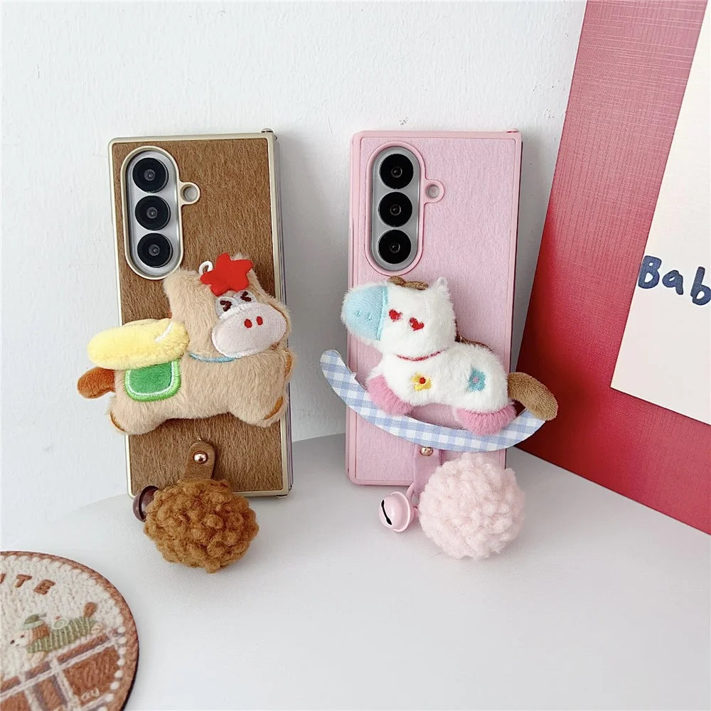 For Samsung Galaxy Z Fold7 5G Case Plush Animal TPU PC Phone Cover with Wrist Strap and Pom-pom Bell - Pink - 7