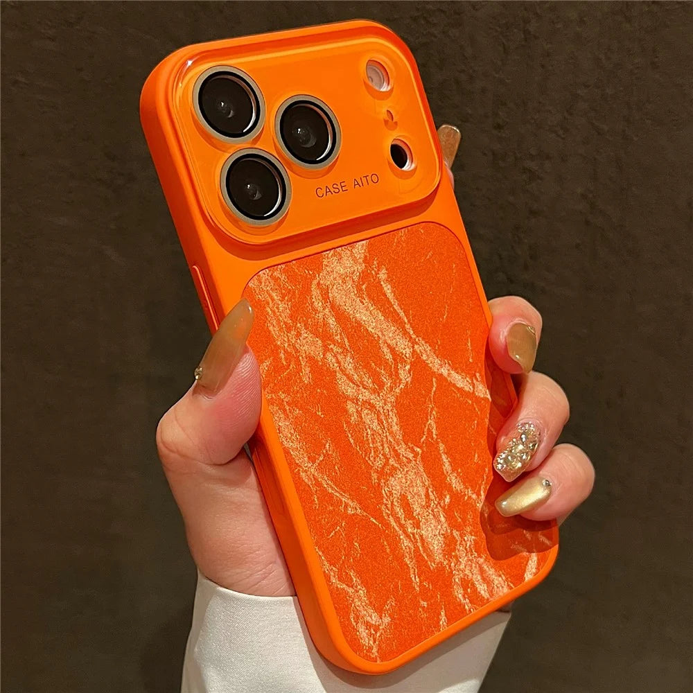 For iPhone 17 Pro Max Magnetic Case Snow Mountain Pattern PU Leather TPU PC Phone Back Cover with Lens Film - Orange - 1