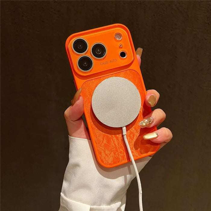 For iPhone 17 Pro Max Magnetic Case Snow Mountain Pattern PU Leather TPU PC Phone Back Cover with Lens Film - Orange - 2