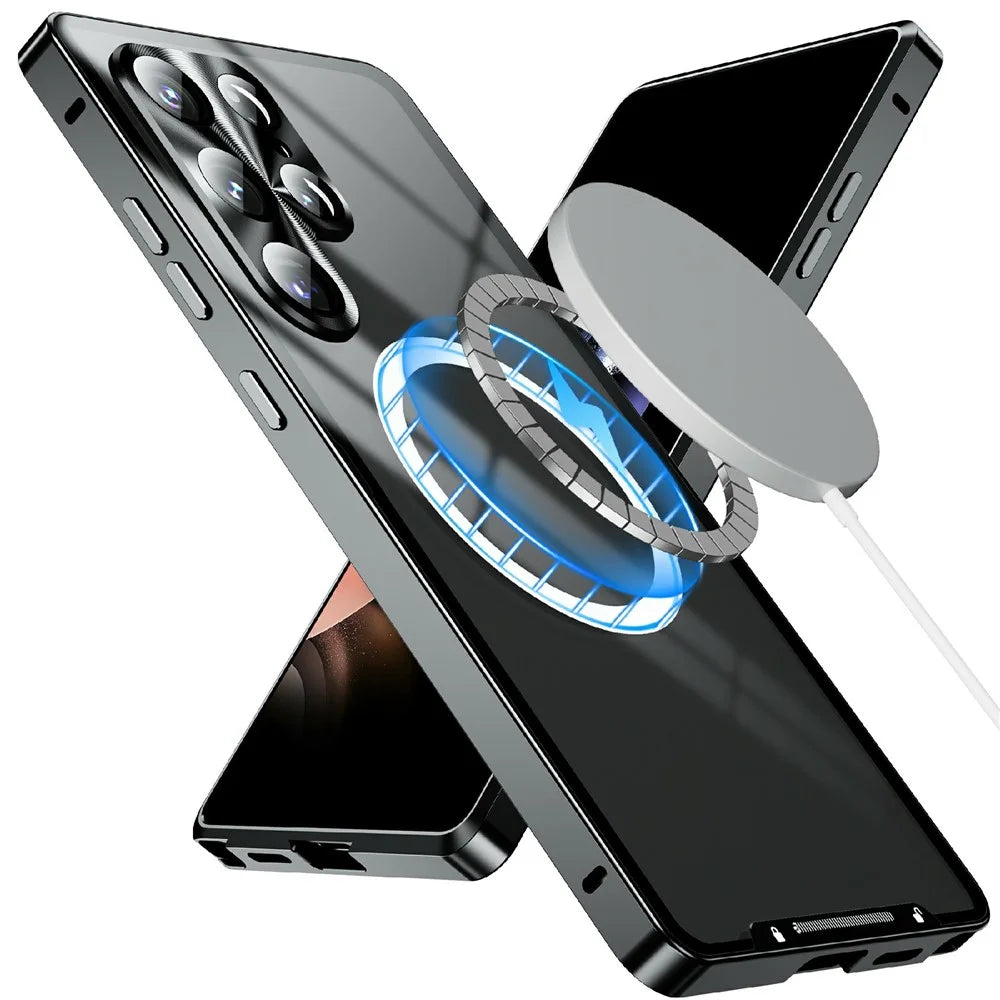 For Samsung Galaxy S26 Ultra Magnetic Case Electroplating Metal Frame Matte PC Phone Cover - Black - 1