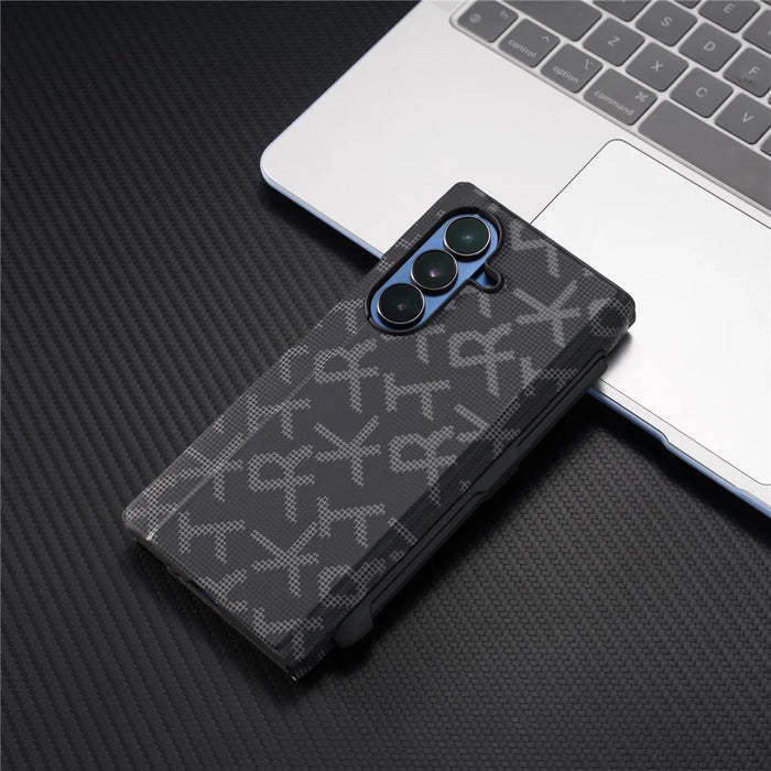 For Samsung Galaxy Z Fold7 5G Case Geometric Pixel Pattern Kickstand Foldable PC Phone Cover with Stylus - Black - 3