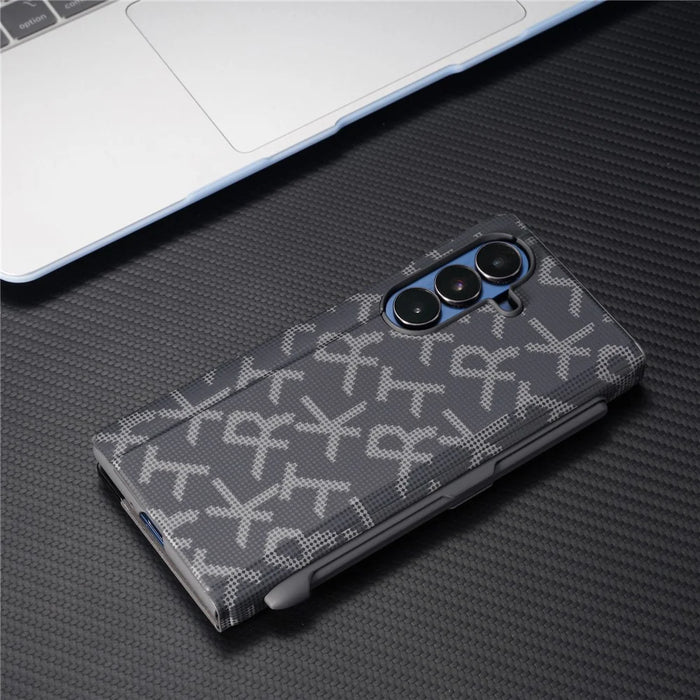 For Samsung Galaxy Z Fold7 5G Case Geometric Pixel Pattern Kickstand Foldable PC Phone Cover with Stylus - Black - 6