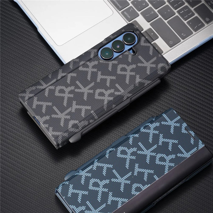 For Samsung Galaxy Z Fold7 5G Case Geometric Pixel Pattern Kickstand Foldable PC Phone Cover with Stylus - Black - 7
