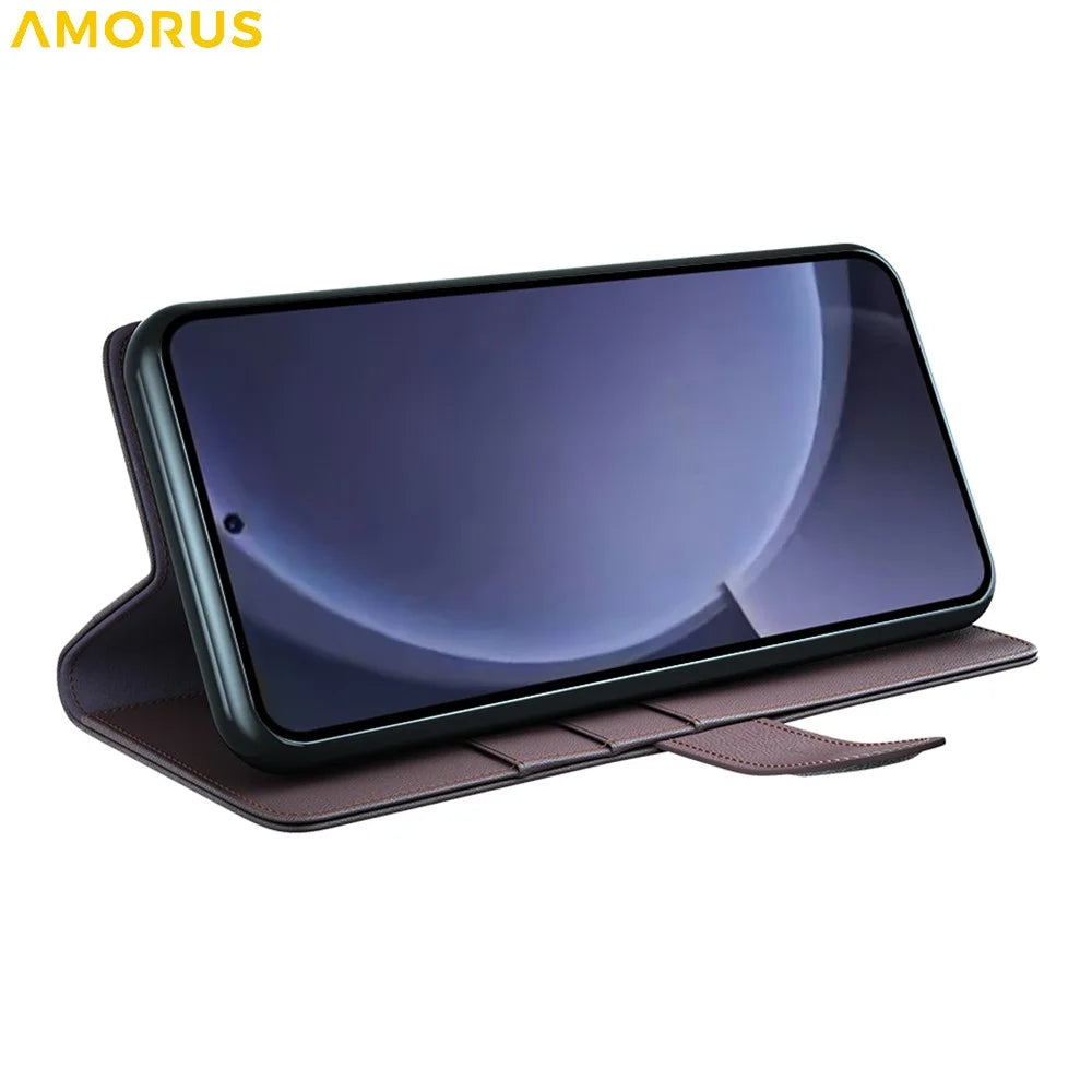 AMORUS For Samsung Galaxy S26+ Stand Cases Calf Texture Genuine Split Leather Wallet Phone Cover - Brown - 3