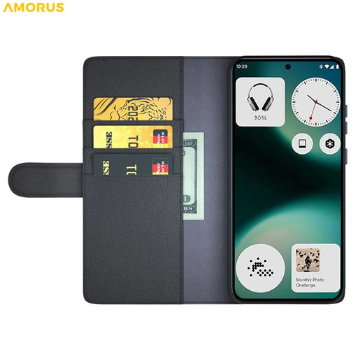AMORUS For Nothing Phone (3a) Lite 5Ga Stand Cases Calf Texture Genuine Split Leather Wallet Phone Cover - Black - 2