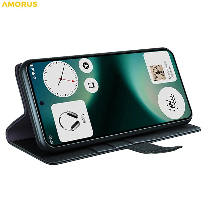 AMORUS For Nothing Phone (3a) Lite 5Ga Stand Cases Calf Texture Genuine Split Leather Wallet Phone Cover - Black - 3