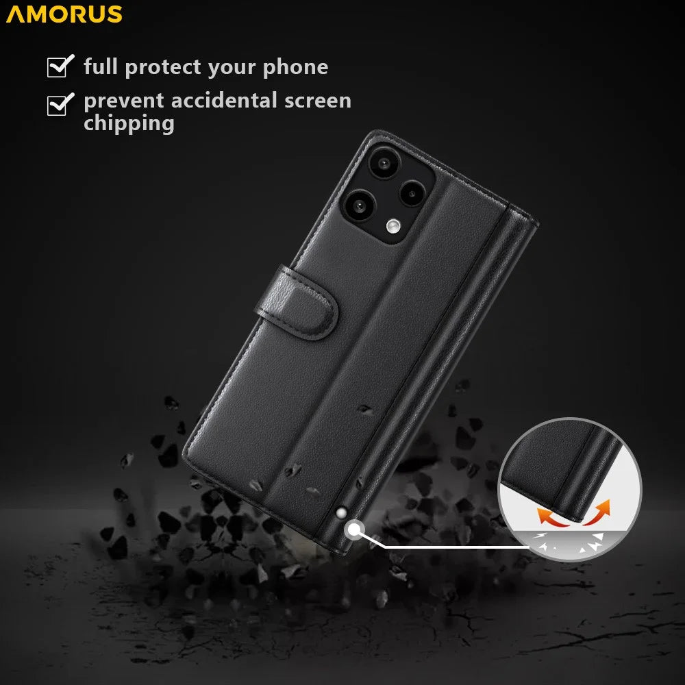 AMORUS For Nothing Phone (3a) Lite 5Ga Stand Cases Calf Texture Genuine Split Leather Wallet Phone Cover - Black - 6