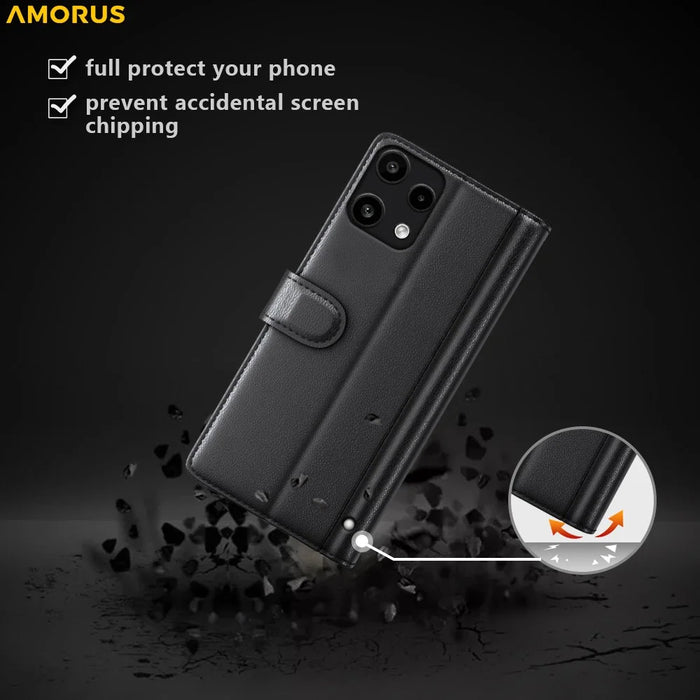 AMORUS For Nothing Phone (3a) Lite 5Ga Stand Cases Calf Texture Genuine Split Leather Wallet Phone Cover - Black - 6