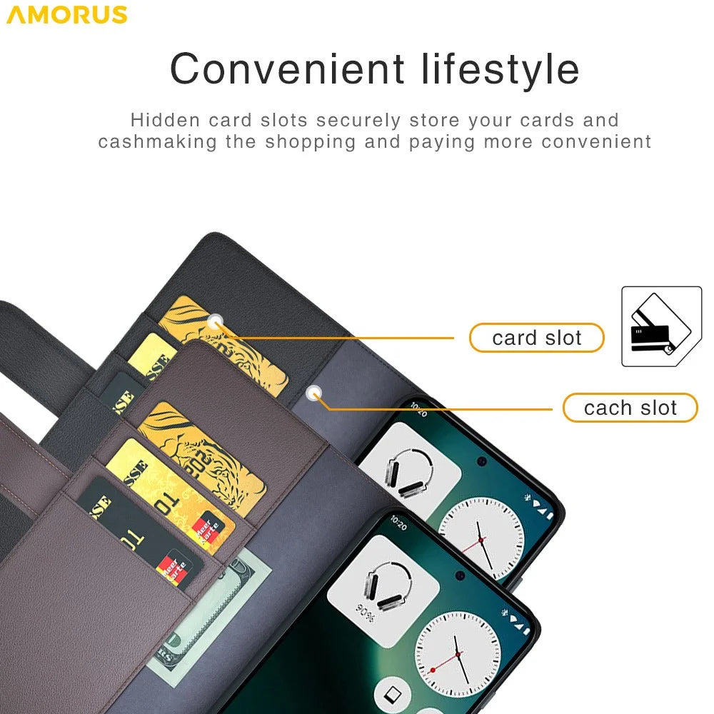 AMORUS For Nothing Phone (3a) Lite 5Ga Stand Cases Calf Texture Genuine Split Leather Wallet Phone Cover - Black - 7