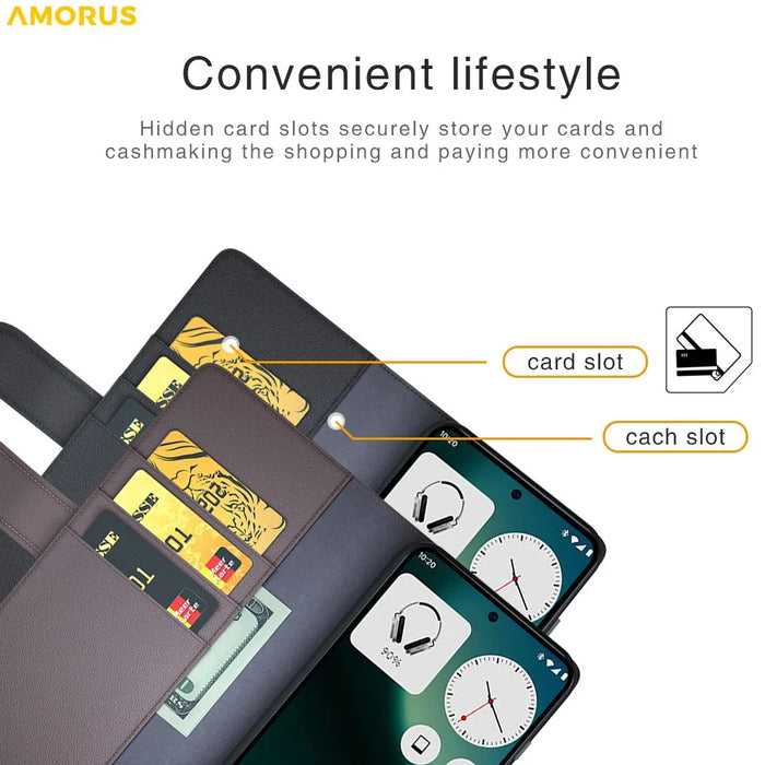 AMORUS For Nothing Phone (3a) Lite 5Ga Stand Cases Calf Texture Genuine Split Leather Wallet Phone Cover - Black - 7