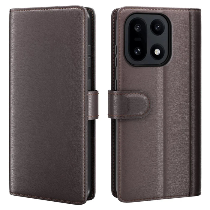 AMORUS For OnePlus 15 5G Stand Cases Calf Texture Genuine Split Leather Wallet Phone Cover - Brown - 1