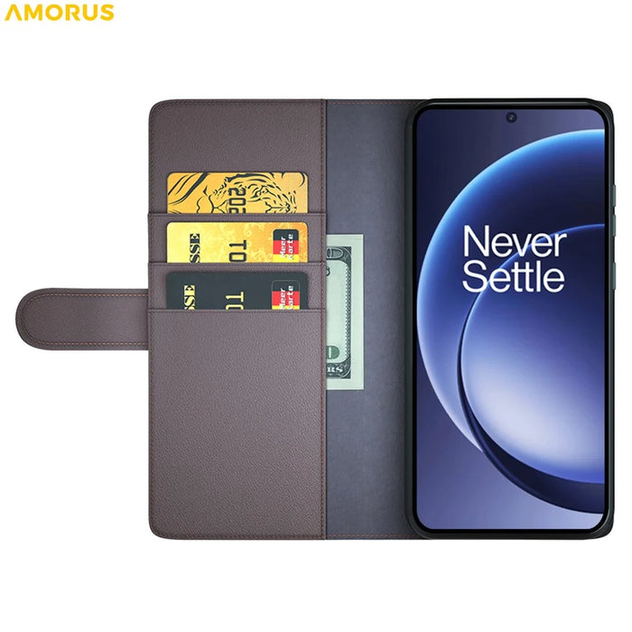 AMORUS For OnePlus 15 5G Stand Cases Calf Texture Genuine Split Leather Wallet Phone Cover - Brown - 2
