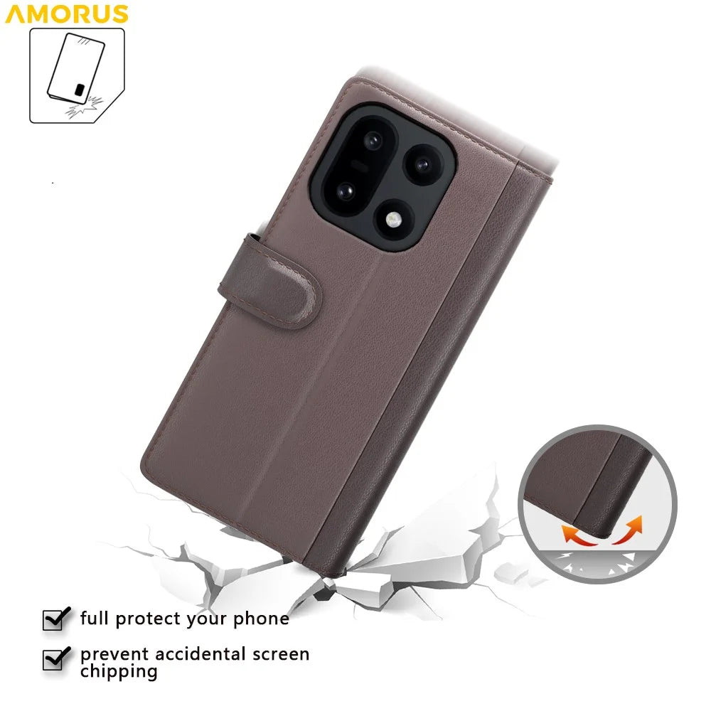 AMORUS For OnePlus 15 5G Stand Cases Calf Texture Genuine Split Leather Wallet Phone Cover - Brown - 5