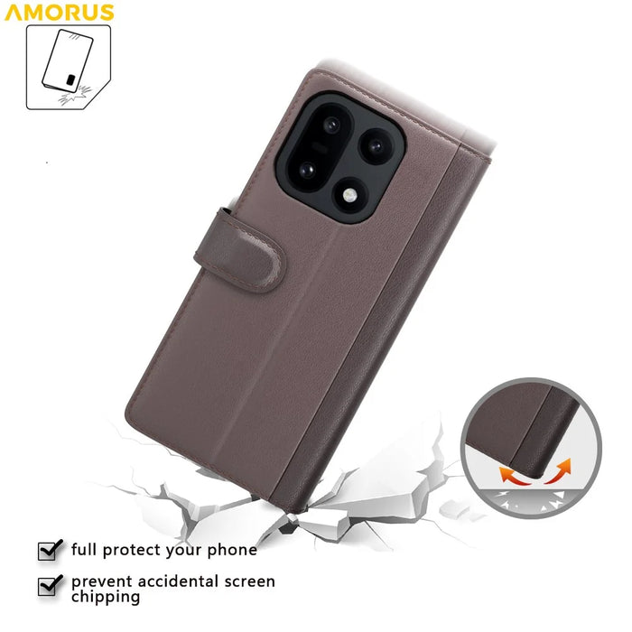 AMORUS For OnePlus 15 5G Stand Cases Calf Texture Genuine Split Leather Wallet Phone Cover - Brown - 5