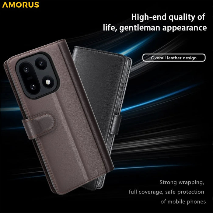 AMORUS For OnePlus 15 5G Stand Cases Calf Texture Genuine Split Leather Wallet Phone Cover - Brown - 6