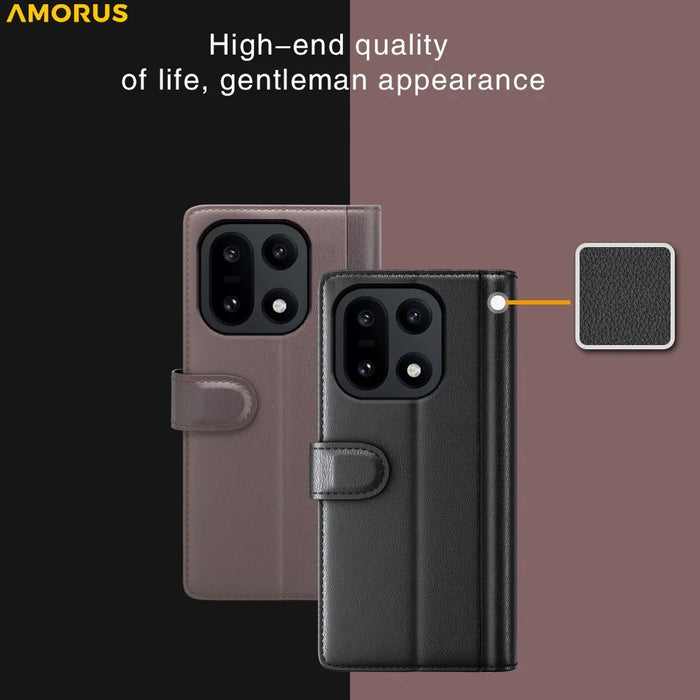 AMORUS For OnePlus 15 5G Stand Cases Calf Texture Genuine Split Leather Wallet Phone Cover - Brown - 7