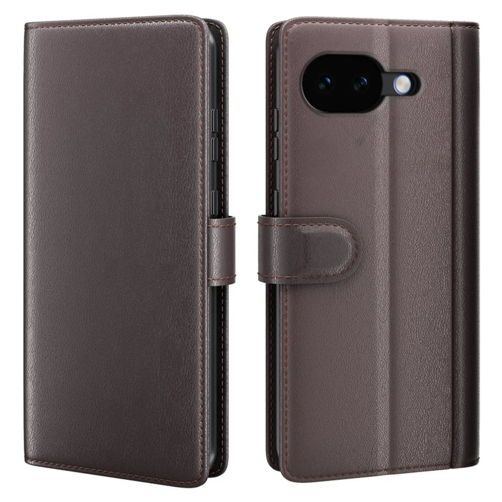 AMORUS For Google Pixel 10a Stand Cases Calf Texture Genuine Split Leather Wallet Phone Cover - Brown - 1