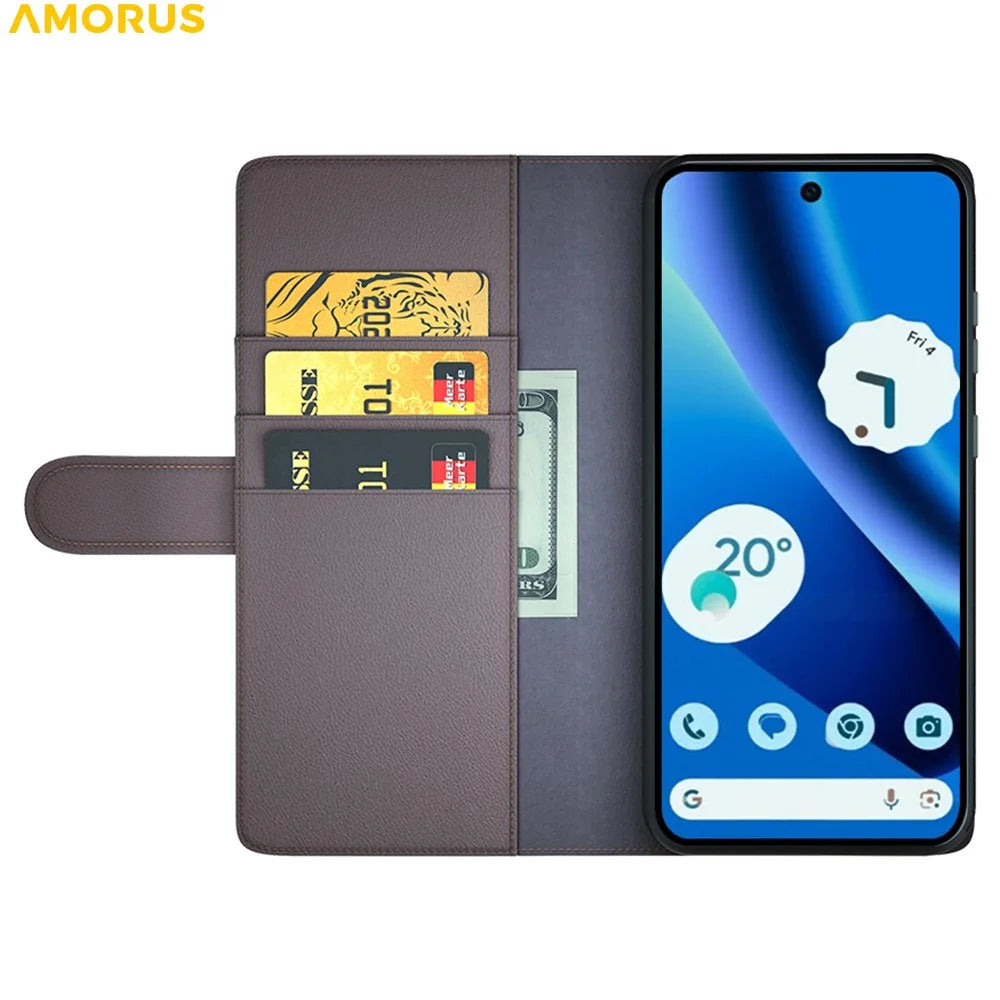 AMORUS For Google Pixel 10a Stand Cases Calf Texture Genuine Split Leather Wallet Phone Cover - Brown - 2