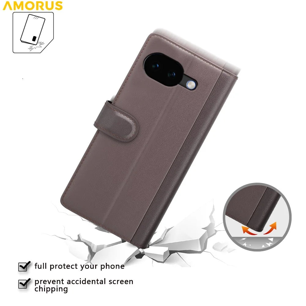 AMORUS For Google Pixel 10a Stand Cases Calf Texture Genuine Split Leather Wallet Phone Cover - Brown - 5