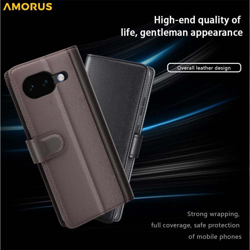 AMORUS For Google Pixel 10a Stand Cases Calf Texture Genuine Split Leather Wallet Phone Cover - Brown - 6