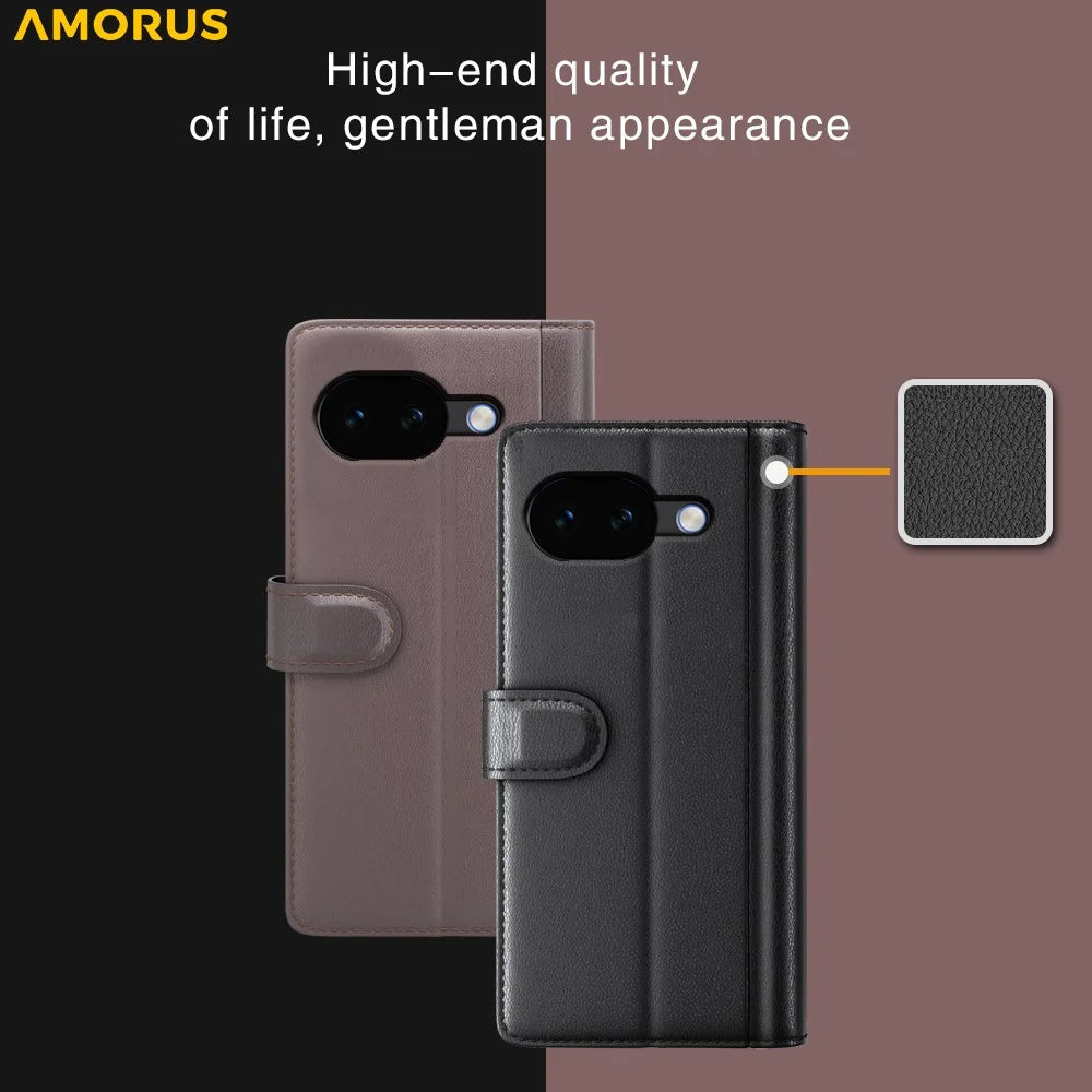 AMORUS For Google Pixel 10a Stand Cases Calf Texture Genuine Split Leather Wallet Phone Cover - Brown - 7