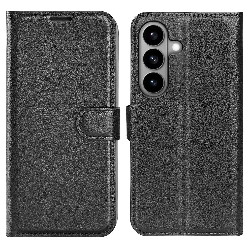 AMORUS For Samsung Galaxy S26+ Wallet Case Litchi Texture Shockproof Leather Flip Stand Phone Cover - Black - 1