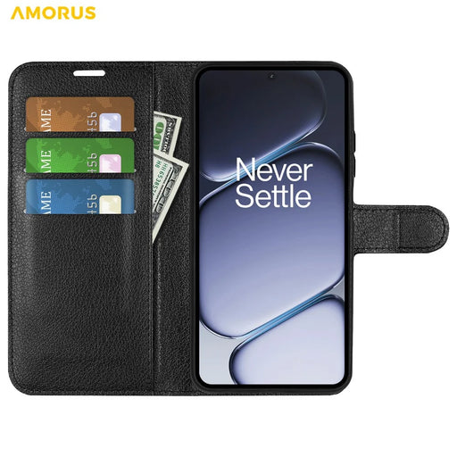 AMORUS For OnePlus Ace 6 5G Wallet Case Litchi Texture Shockproof Leather Flip Stand Phone Cover - Black - 2