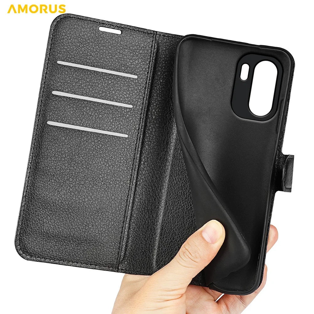 AMORUS For OnePlus Ace 6 5G Wallet Case Litchi Texture Shockproof Leather Flip Stand Phone Cover - Black - 5