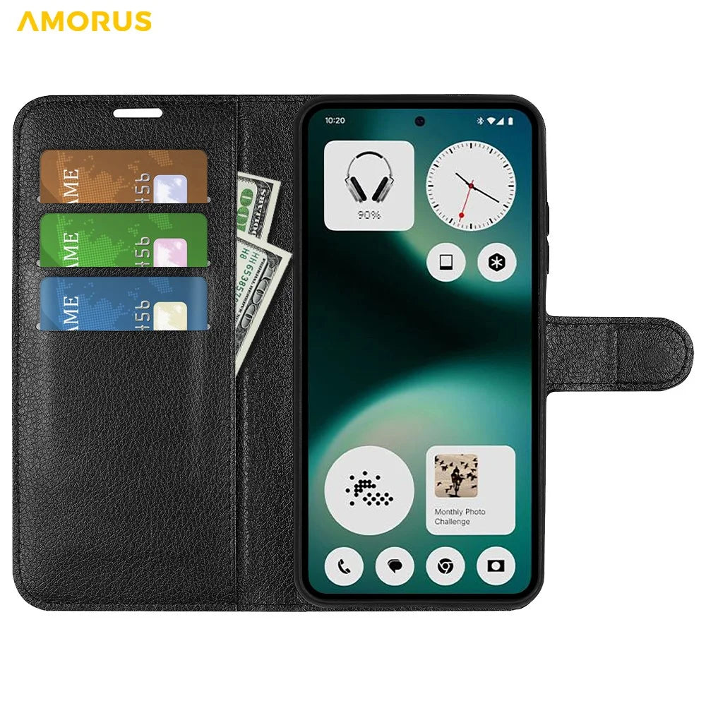 AMORUS For Nothing Phone (3a) Lite 5G Wallet Case Litchi Texture Shockproof Leather Flip Stand Phone Cover - Black - 2