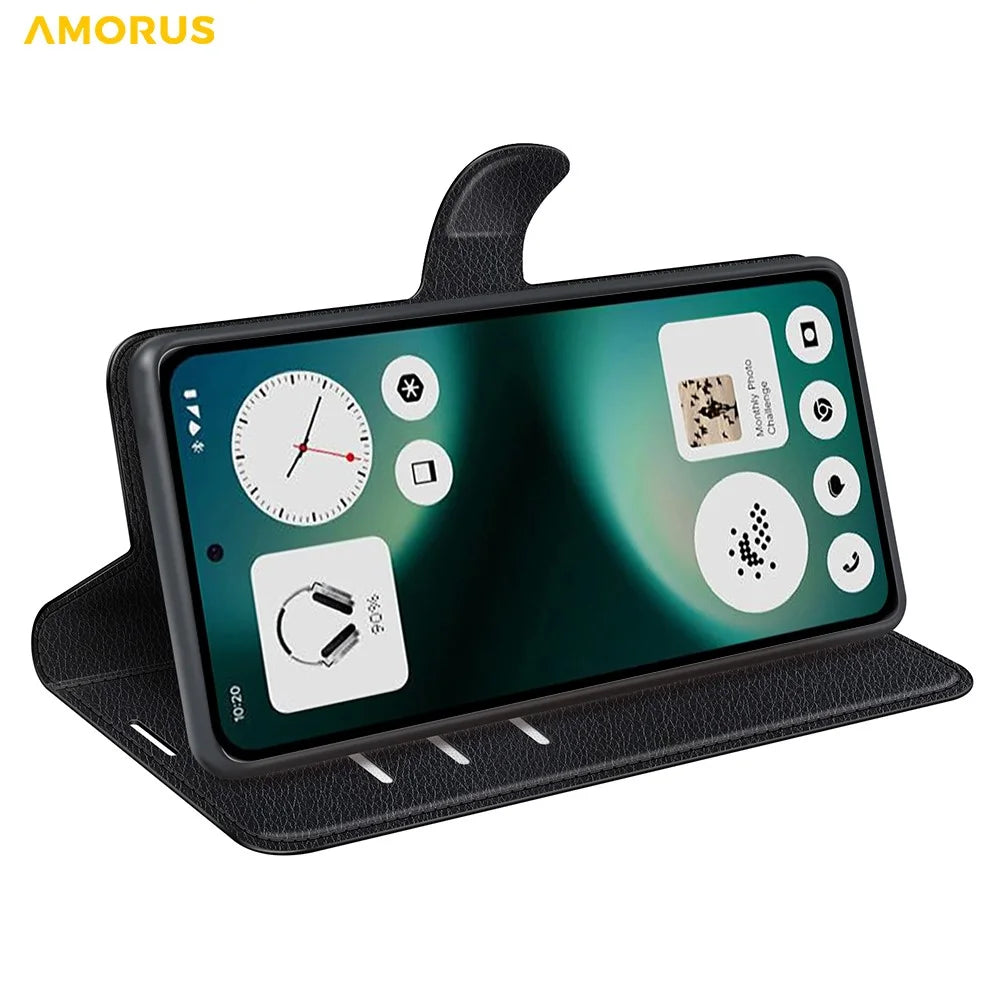 AMORUS For Nothing Phone (3a) Lite 5G Wallet Case Litchi Texture Shockproof Leather Flip Stand Phone Cover - Black - 3