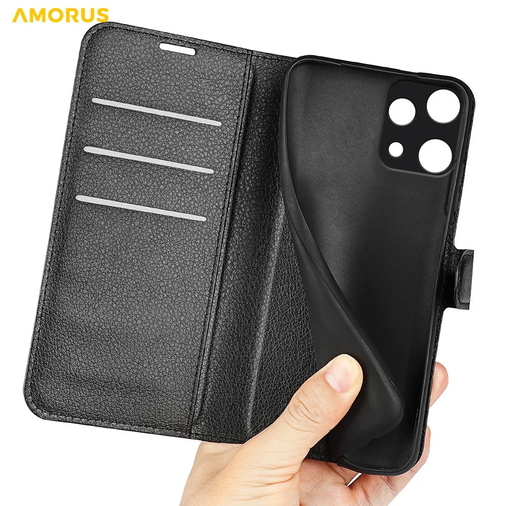 AMORUS For Nothing Phone (3a) Lite 5G Wallet Case Litchi Texture Shockproof Leather Flip Stand Phone Cover - Black - 5