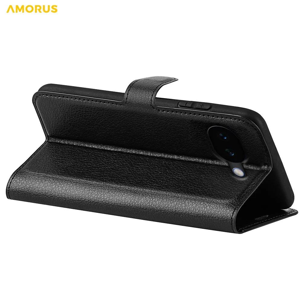 AMORUS For Google Pixel 10a Wallet Case Litchi Texture Shockproof Leather Flip Stand Phone Cover - Black - 4