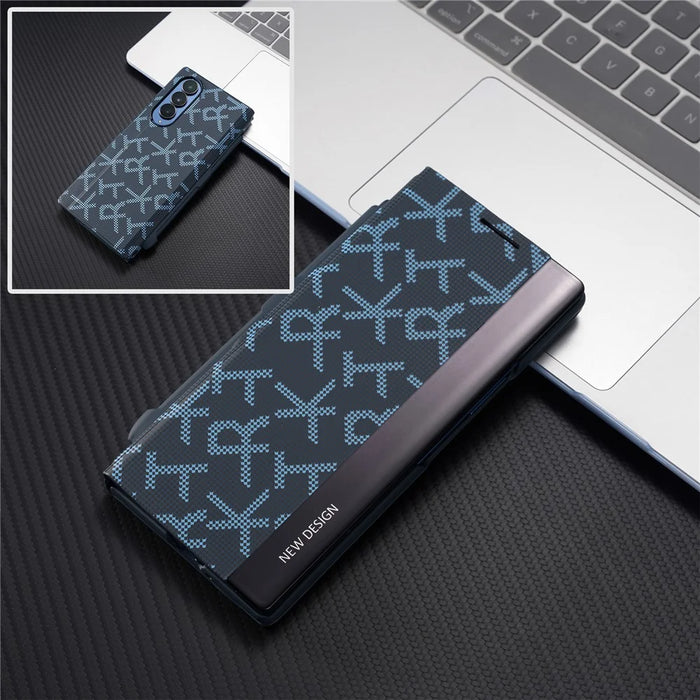 For Samsung Galaxy Z Fold3 5G Case Geometric Pixel Pattern Kickstand Foldable PC Phone Cover with Stylus - Blue - 1