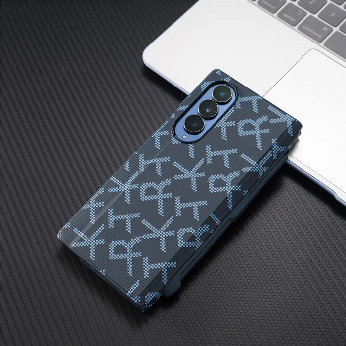 For Samsung Galaxy Z Fold3 5G Case Geometric Pixel Pattern Kickstand Foldable PC Phone Cover with Stylus - Blue - 3